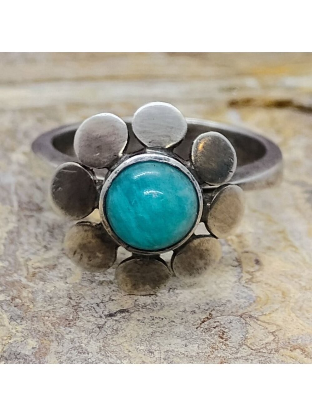 Vintage Capdevila Sterling Silver Flower Larimar Ring Size 6.5